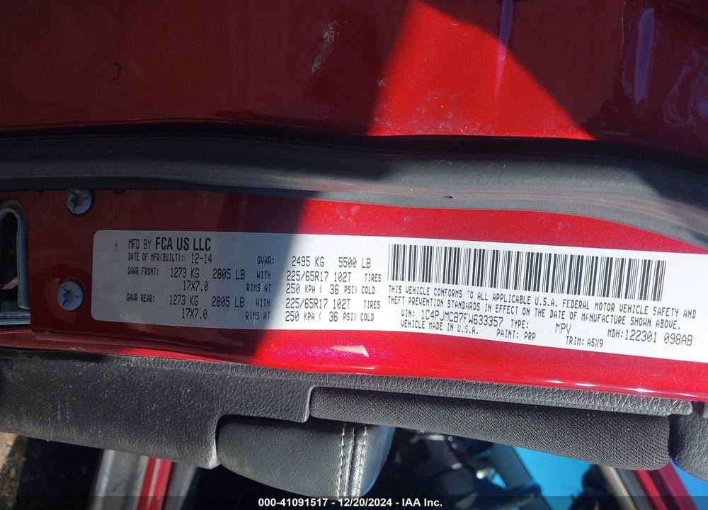 2015 JEEP CHEROKEE LATITUDE VIN: 1C4PJMCB7FW633357