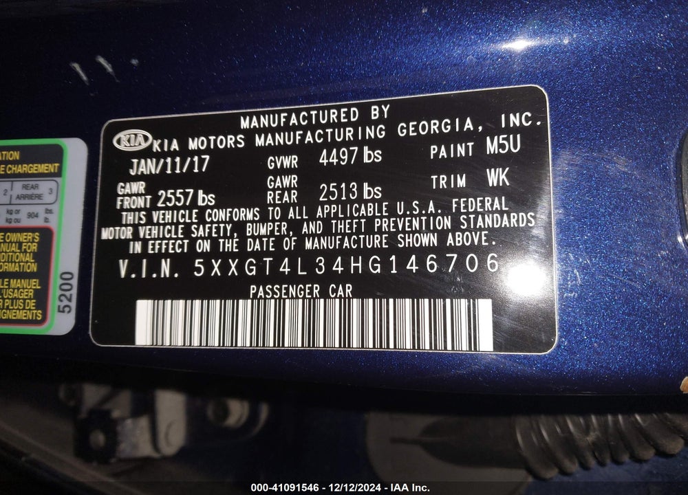 2017 KIA OPTIMA LX VIN: 5XXGT4L34HG146706