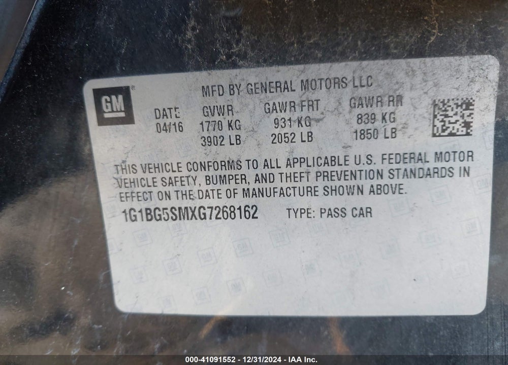 2016 CHEVROLET CRUZE PREMIER AUTO VIN: 1G1BG5SMXG7268162