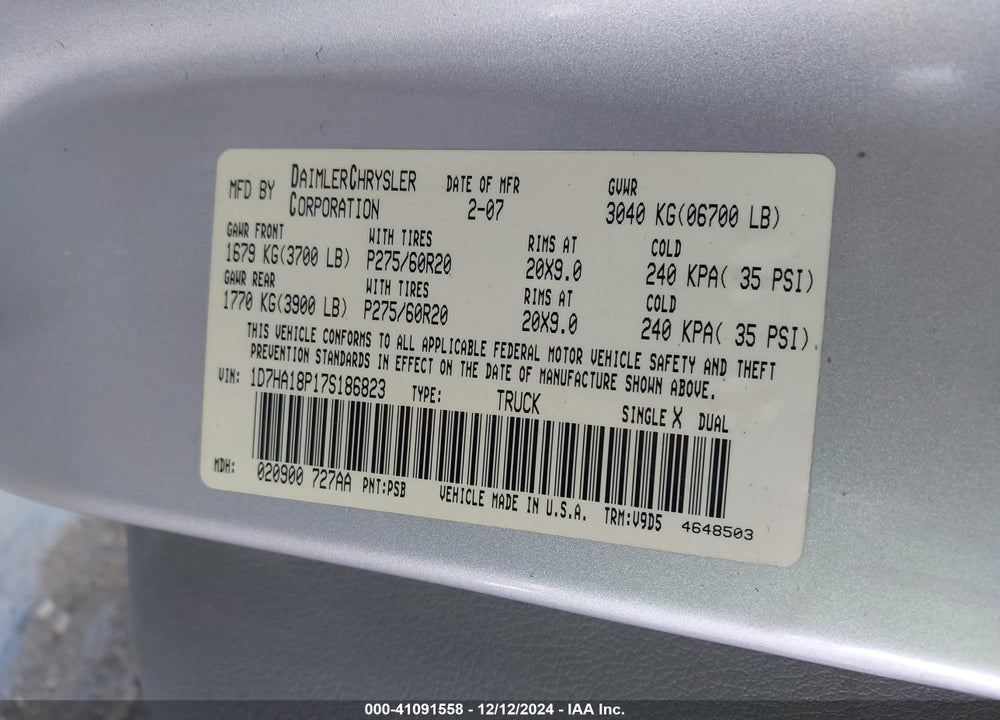 2007 DODGE RAM 1500 SLT VIN: 1D7HA18P17S186823