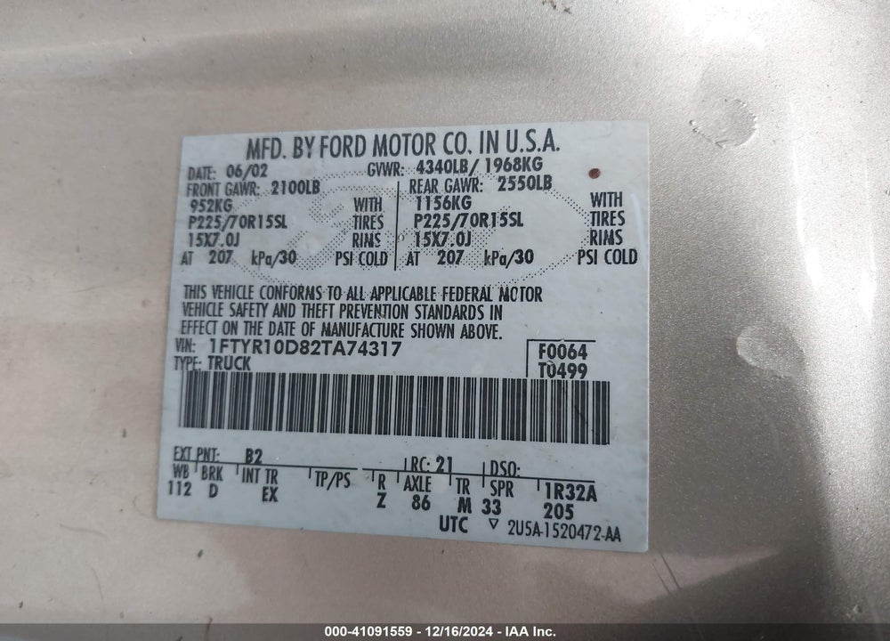 2002 FORD RANGER XL/XLT VIN: 1FTYR10D82TA74317