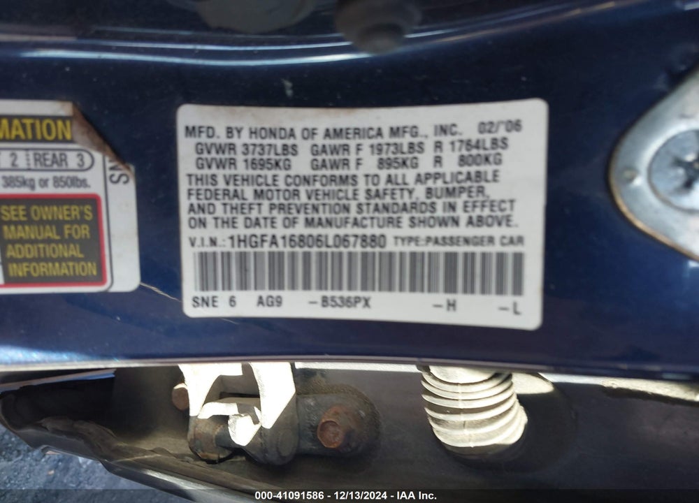 2006 HONDA CIVIC EX VIN: 1HGFA16806L067880