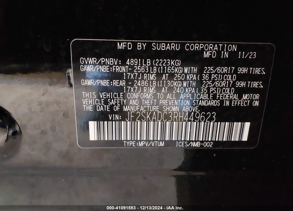 2024 SUBARU FORESTER PREMIUM VIN: JF2SKADC3RH449623