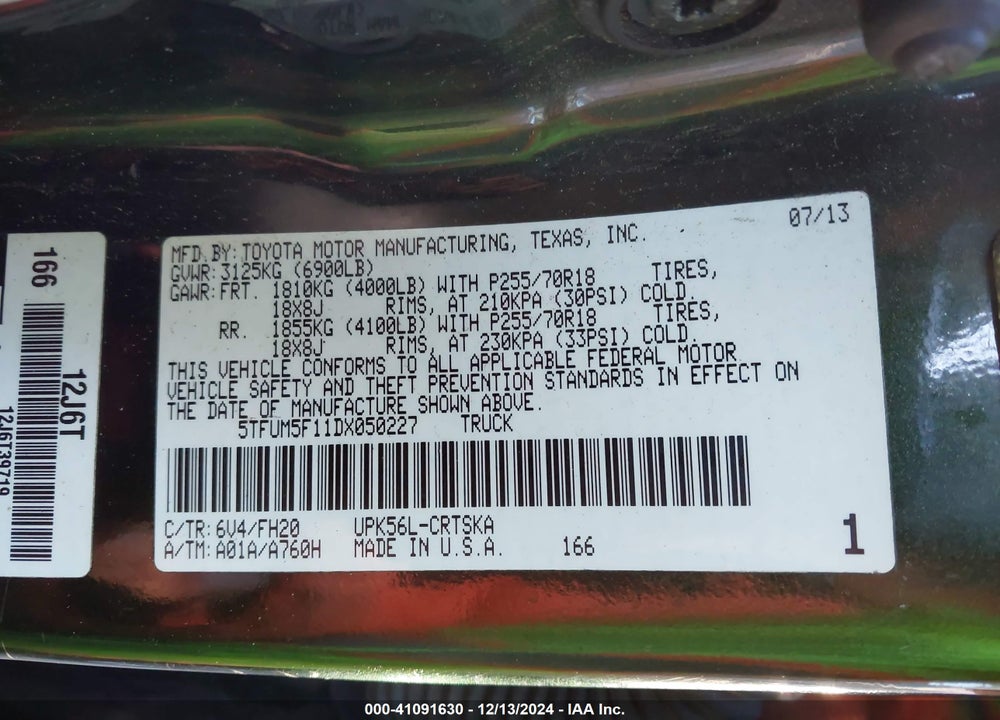 2013 TOYOTA TUNDRA VIN: 5TFUM5F11DX050227