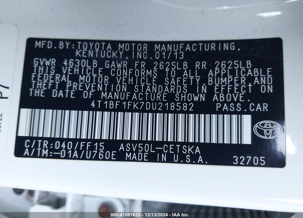 2013 TOYOTA CAMRY SE VIN: 4T1BF1FK7DU218582
