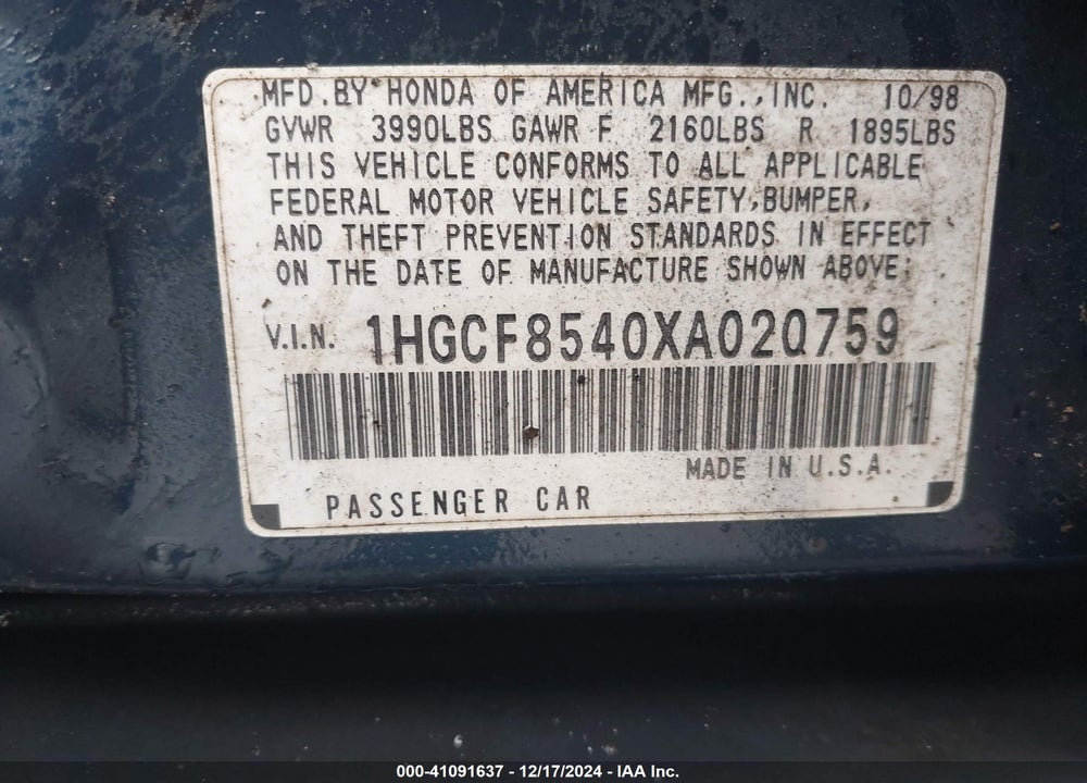 1999 HONDA ACCORD DX VIN: 1HGCF8540XA020759