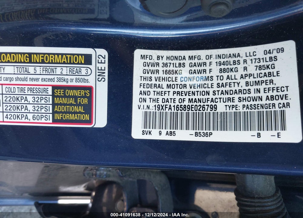 2009 HONDA CIVIC LX VIN: 19XFA16589E026799