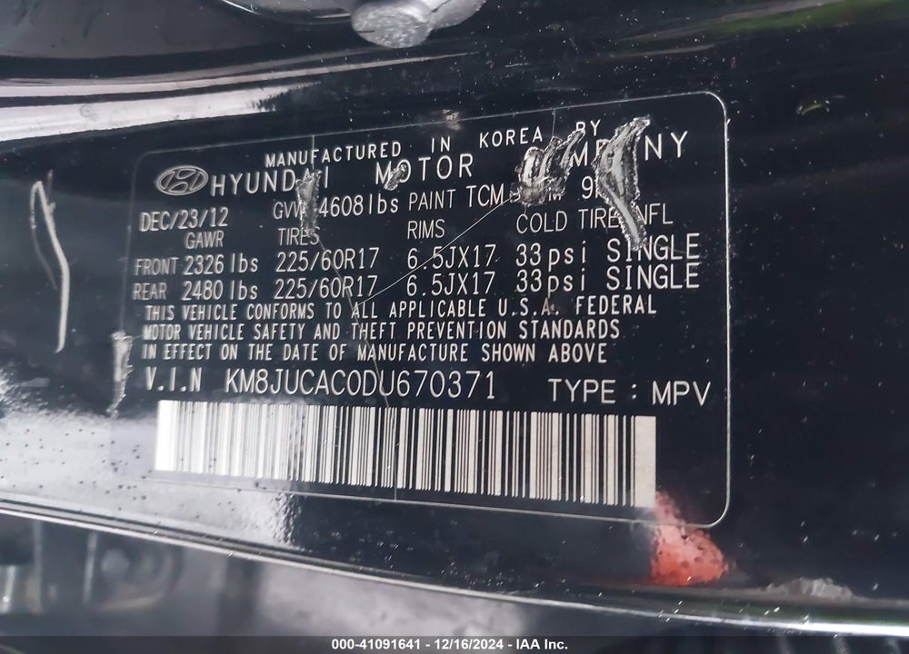2013 HYUNDAI TUCSON GLS VIN: KM8JUCAC0DU670371