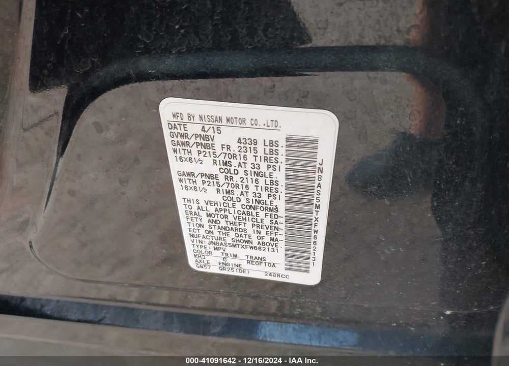 2015 NISSAN ROGUE SELECT S VIN: JN8AS5MTXFW662131