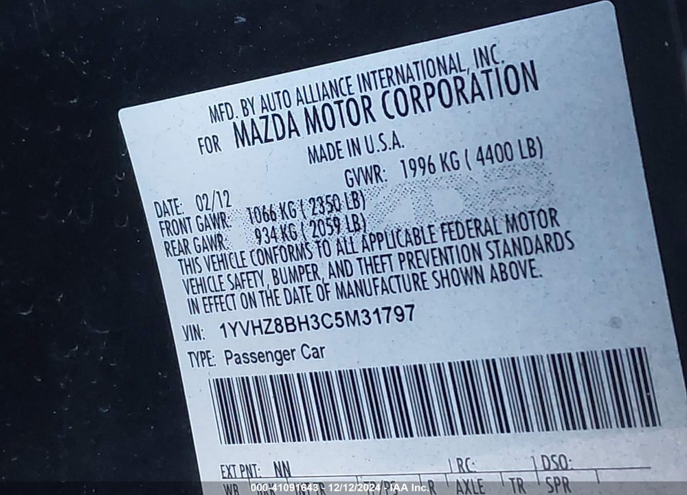 2012 MAZDA 6 VIN: 1YVHZ8BH3C5M31797