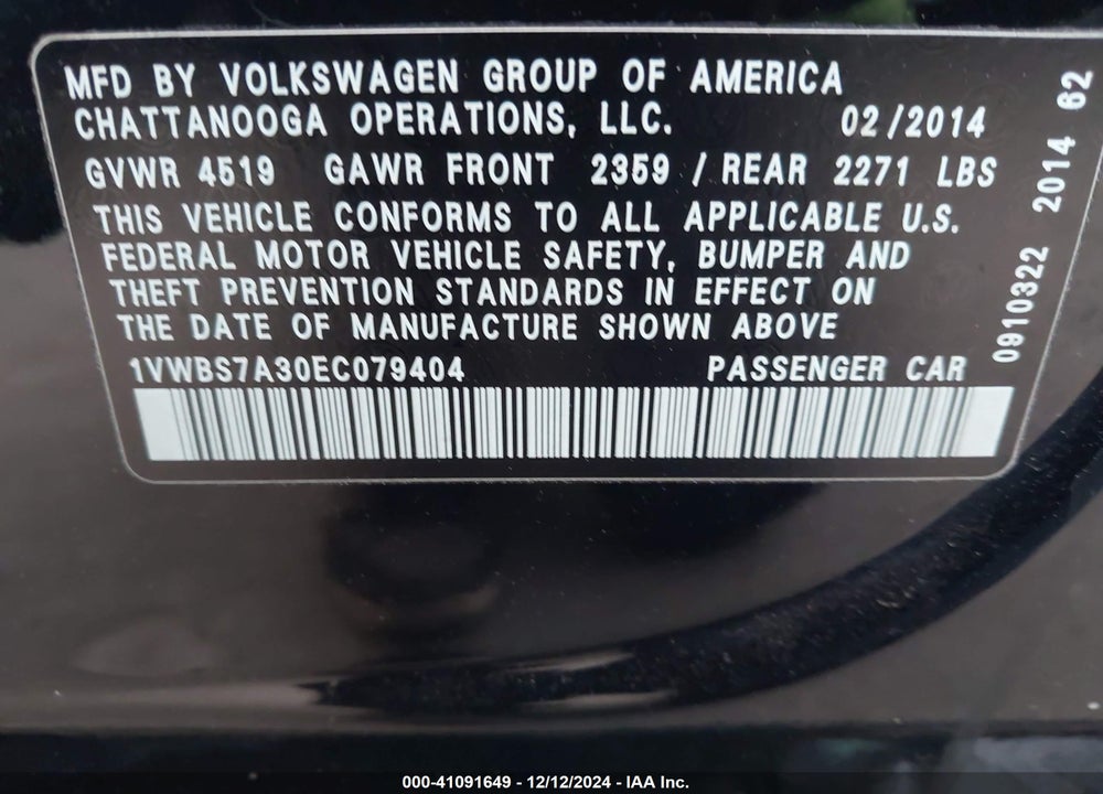 2014 VOLKSWAGEN PASSAT VIN: 1VWBS7A30EC079404