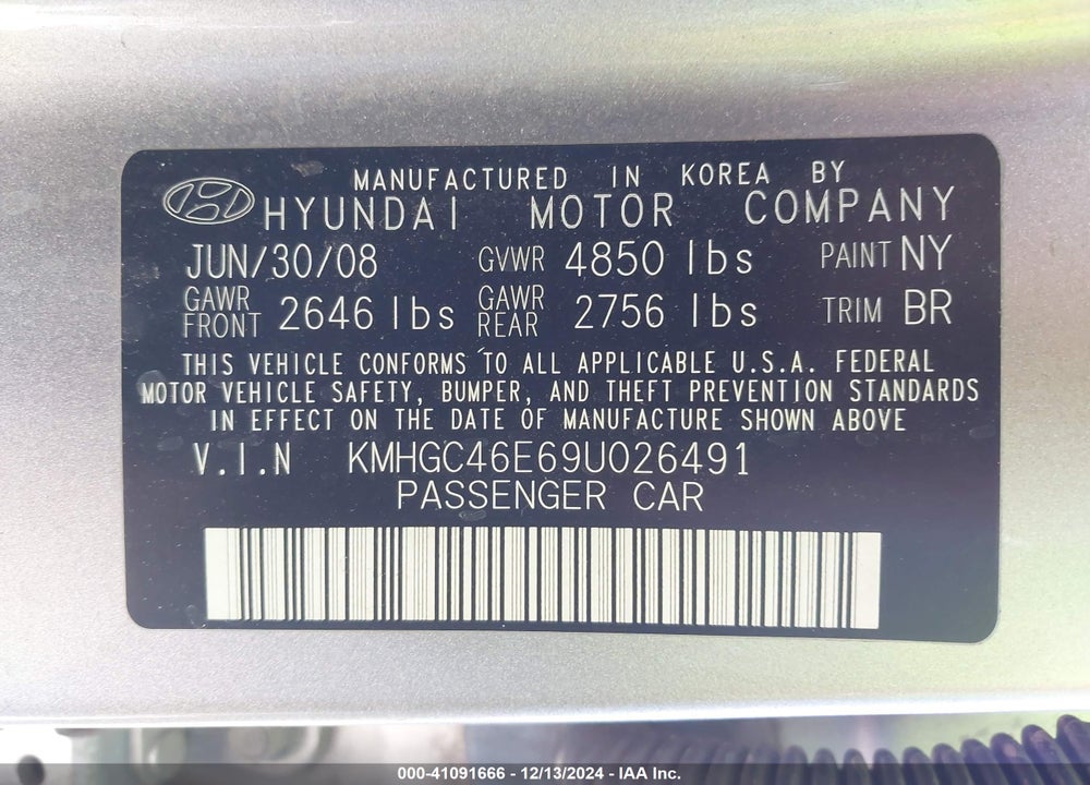 2009 HYUNDAI GENESIS 3.8 VIN: KMHGC46E69U026491