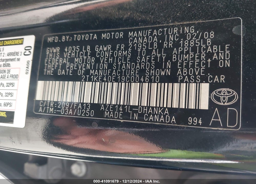 2009 TOYOTA MATRIX S VIN: 2T1KE40E19C004610