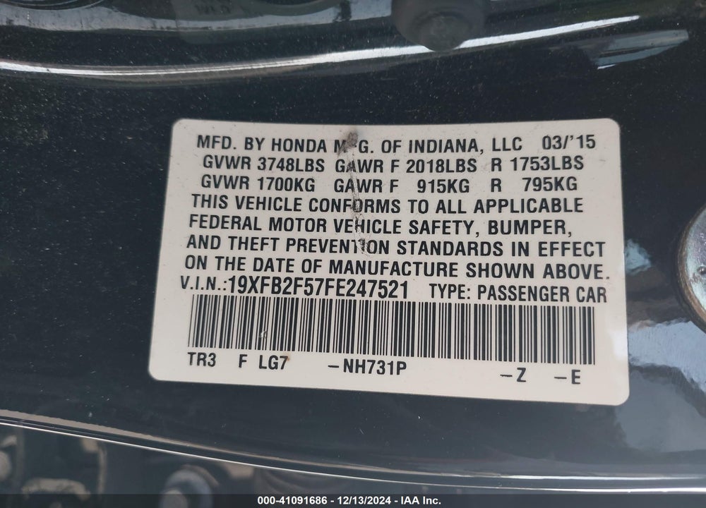 2015 HONDA CIVIC LX VIN: 19XFB2F57FE247521
