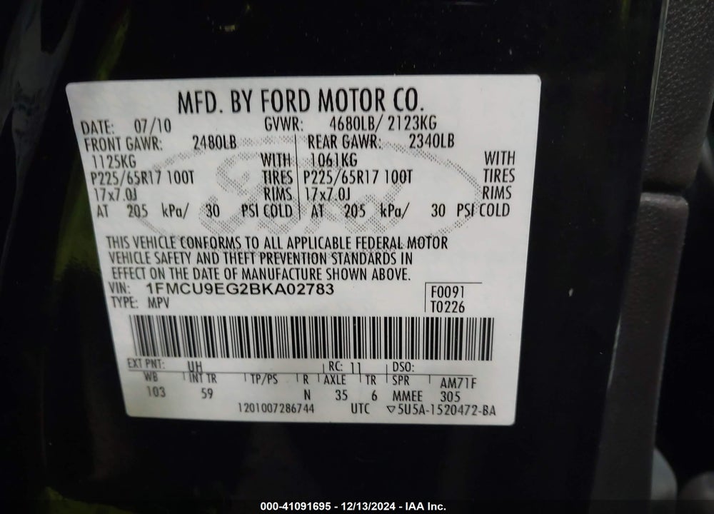2011 FORD ESCAPE LIMITED VIN: 1FMCU9EG2BKA02783