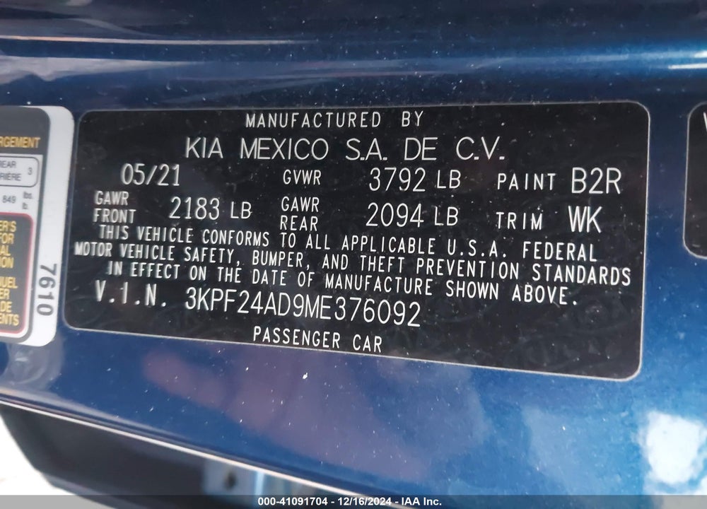 2021 KIA FORTE LXS VIN: 3KPF24AD9ME376092