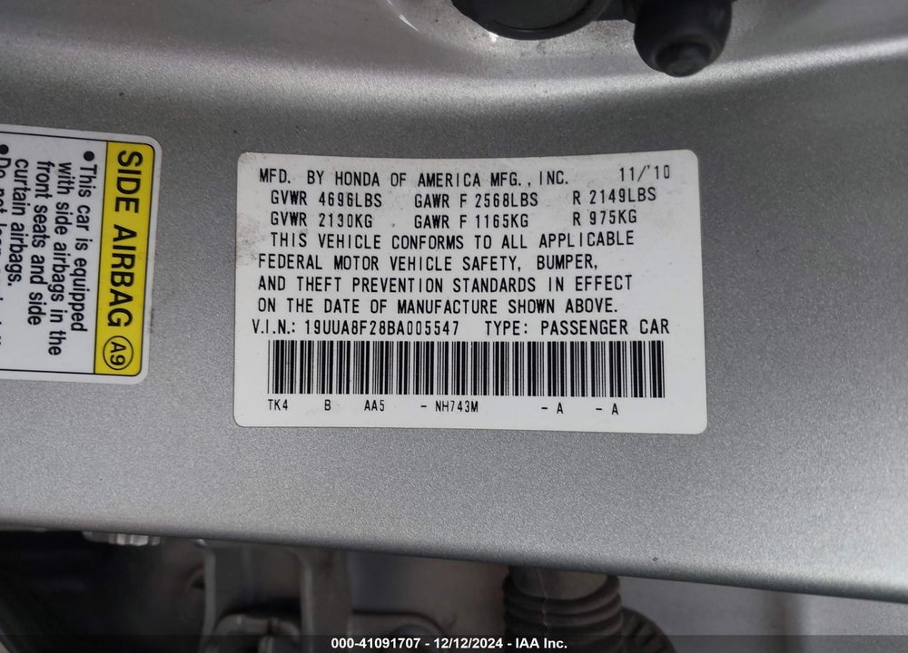 2011 ACURA TL 3.5 (A5) VIN: 19UUA8F28BA005547