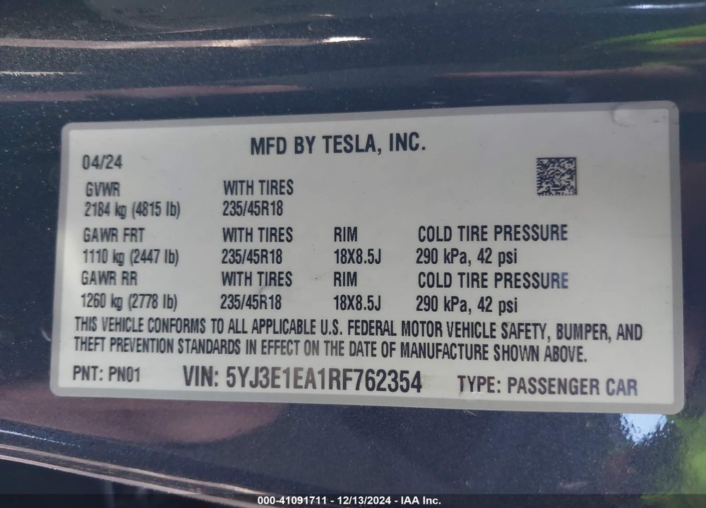 2024 TESLA MODEL 3 VIN: 5YJ3E1EA1RF762354
