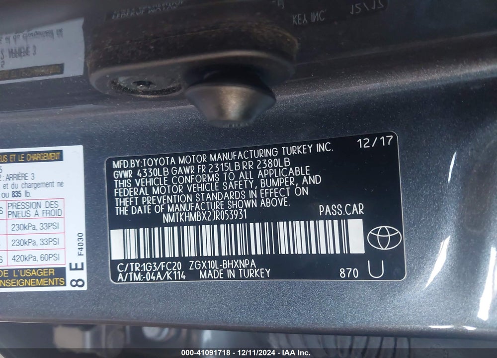 2018 TOYOTA C-HR XLE PREMIUM VIN: NMTKHMBX2JR053931