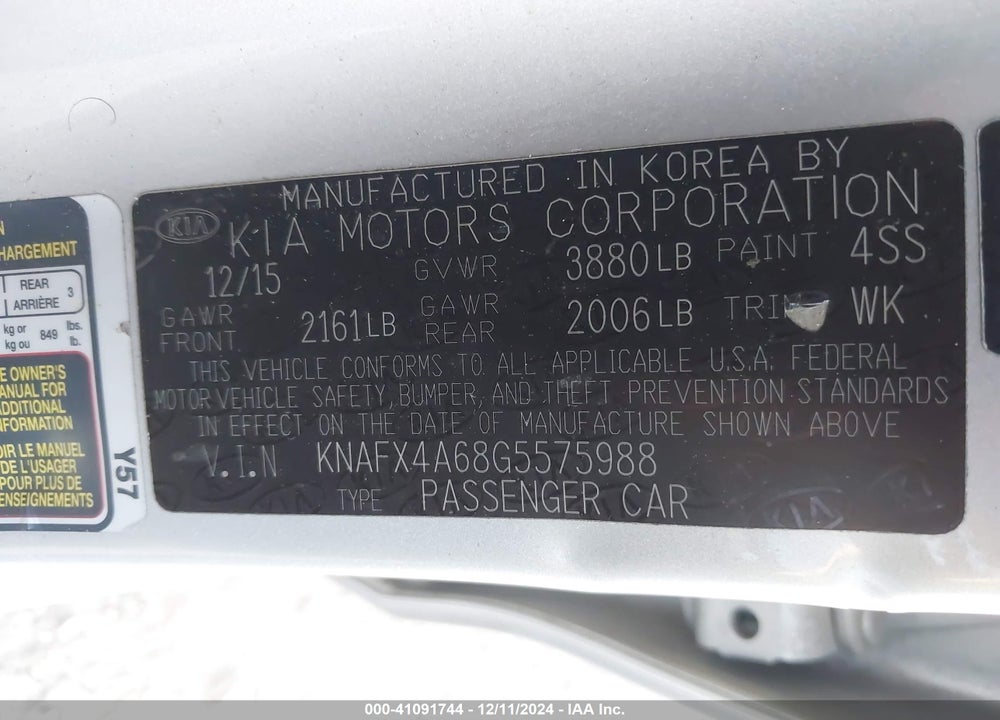 2016 KIA FORTE LX VIN: KNAFX4A68G5575988