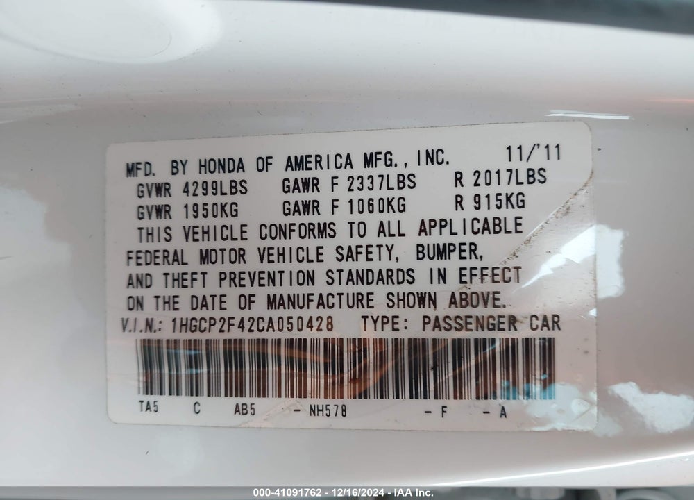 2012 HONDA ACCORD SDN LX PREMIUM VIN: 1HGCP2F42CA050428