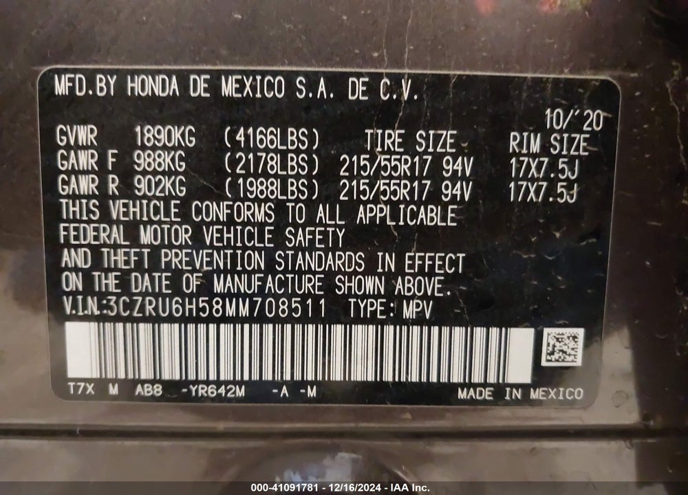 2021 HONDA HR-V AWD EX VIN: 3CZRU6H58MM708511