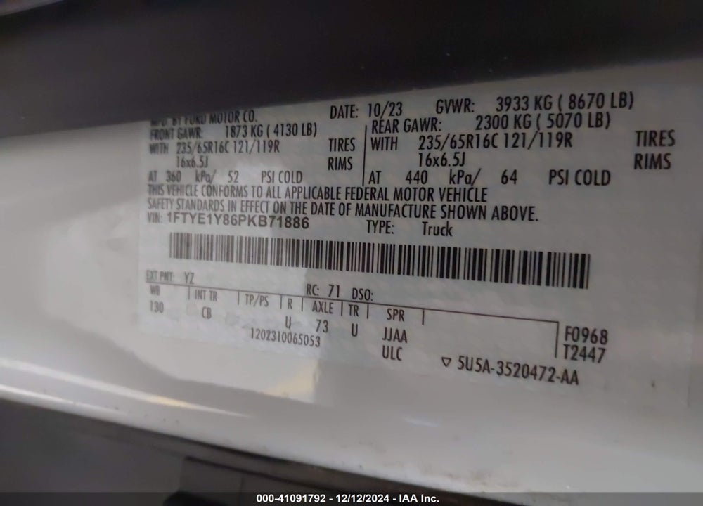 2023 FORD TRANSIT-150 CARGO VAN VIN: 1FTYE1Y86PKB71886