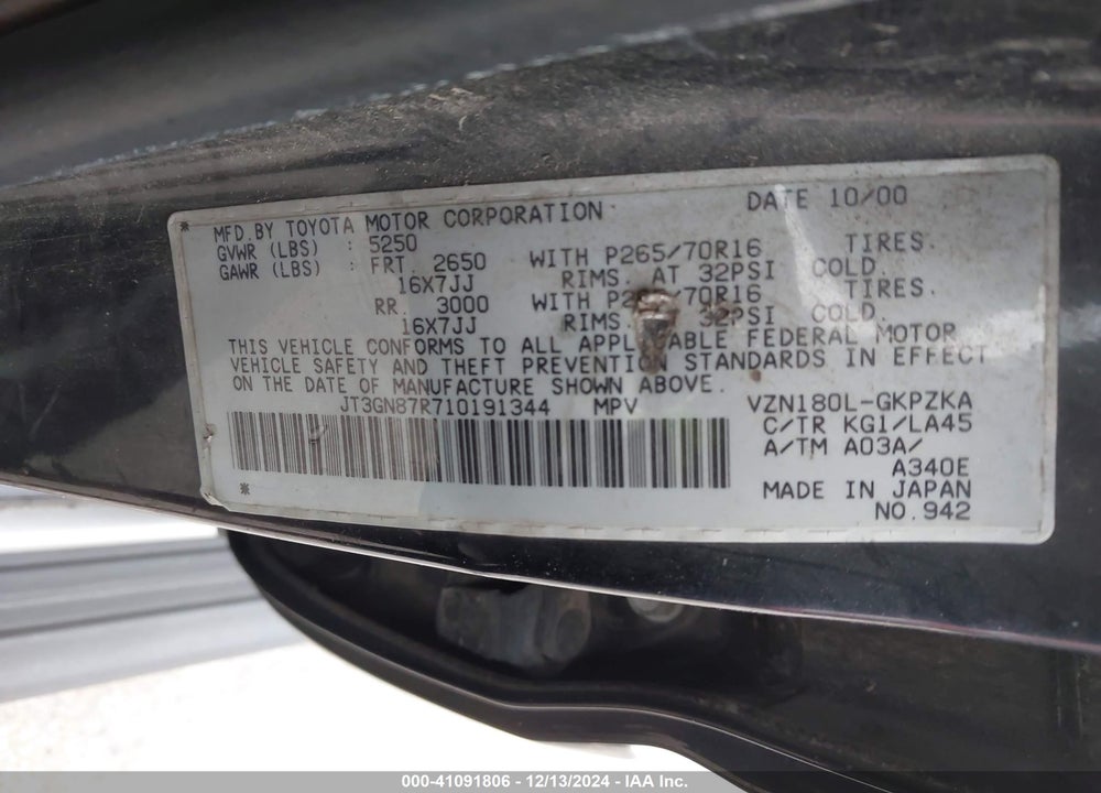 2001 TOYOTA 4RUNNER LIMITED V6 VIN: JT3GN87R710191344