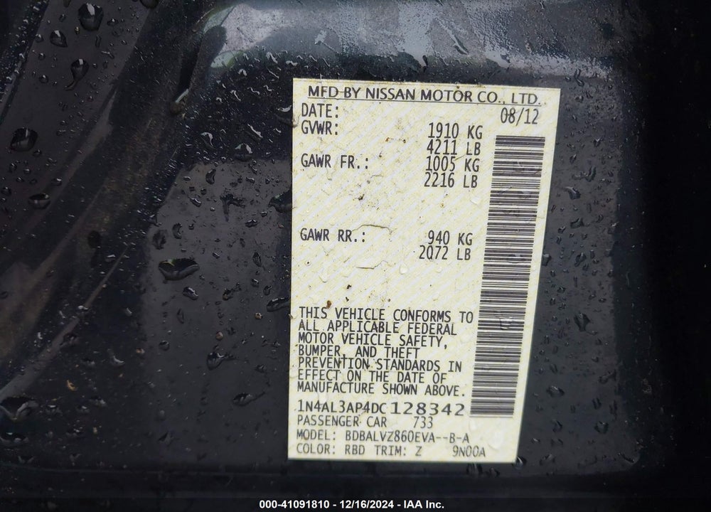 2013 NISSAN ALTIMA 2.5 SL VIN: 1N4AL3AP4DC128342