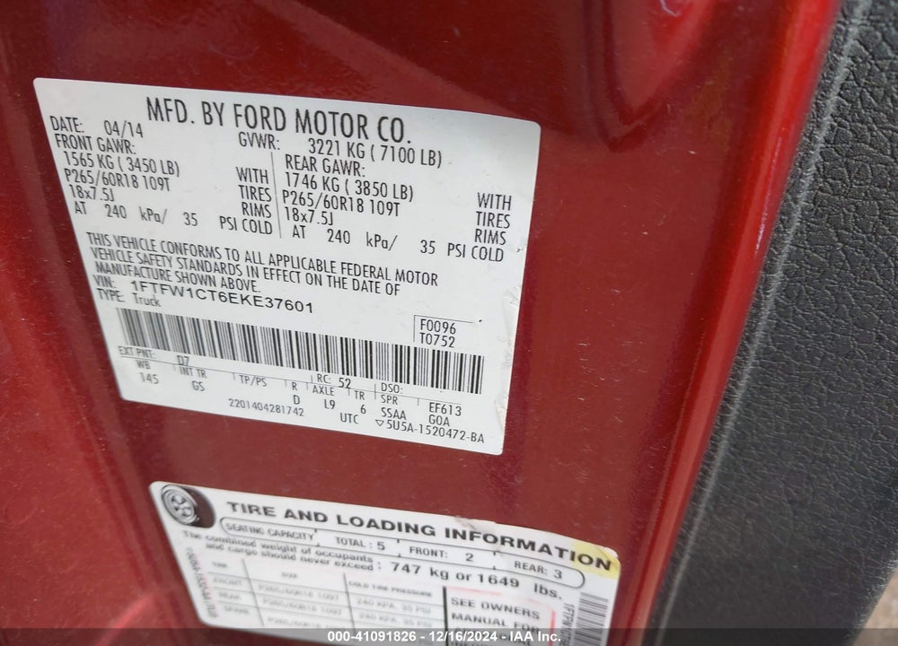 2014 FORD F-150 XLT VIN: 1FTFW1CT6EKE37601