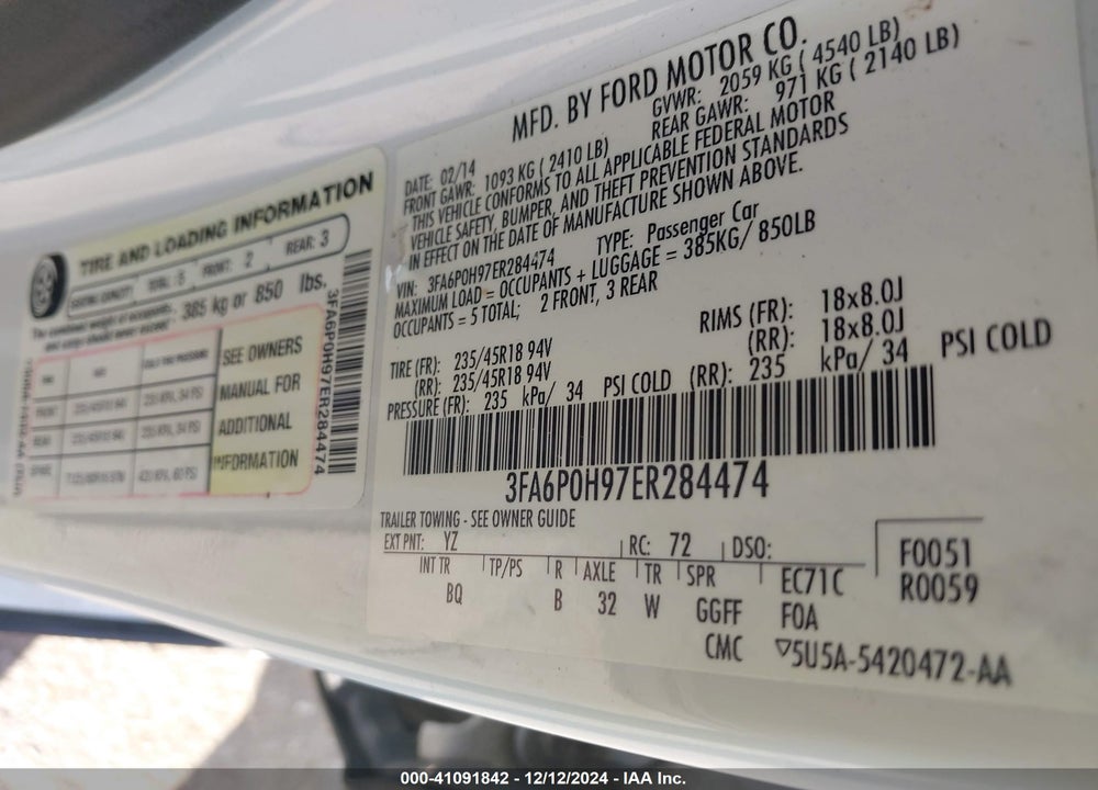 2014 FORD FUSION VIN: 3FA6P0H97ER284474