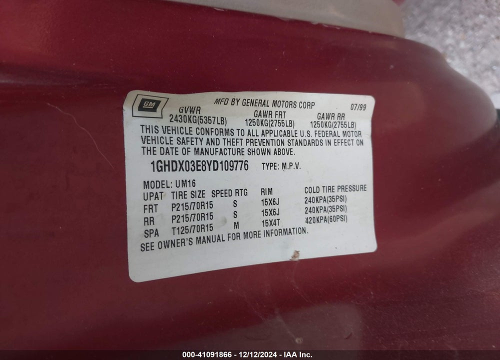 2000 OLDSMOBILE SILHOUETTE GL VIN: 1GHDX03E8YD109776