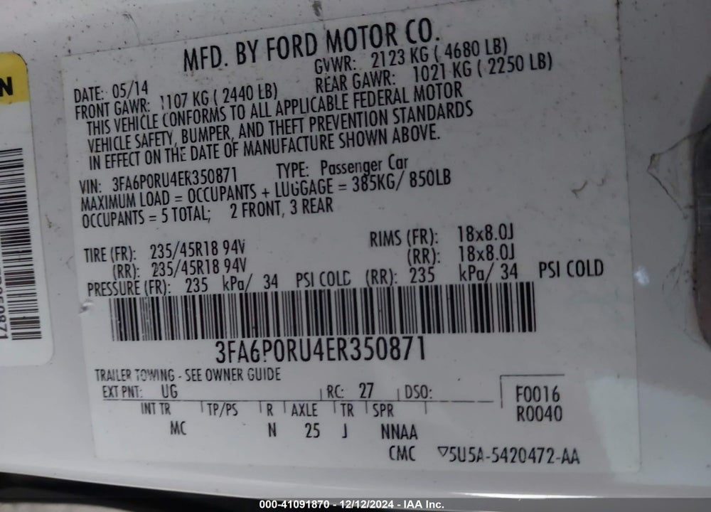 2014 FORD FUSION HYBRID VIN: 3FA6P0RU4ER350871