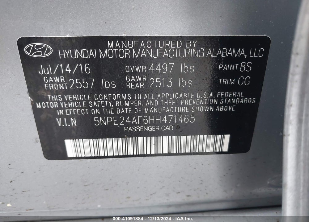 2017 HYUNDAI SONATA SE VIN: 5NPE24AF6HH471465