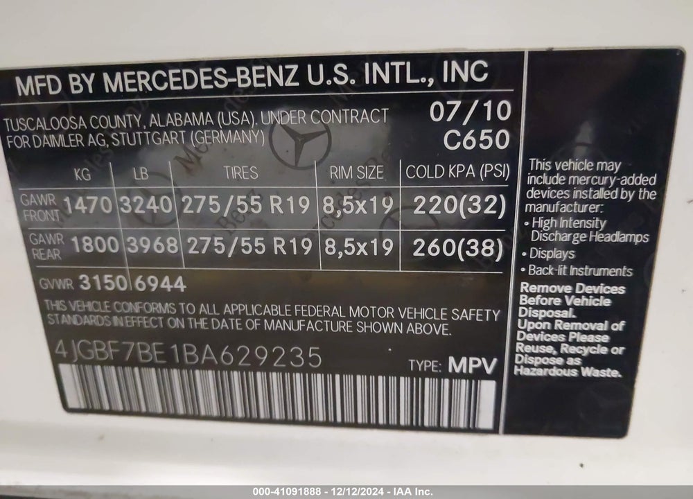 2011 MERCEDES-BENZ GL 450 4MATIC VIN: 4JGBF7BE1BA629235