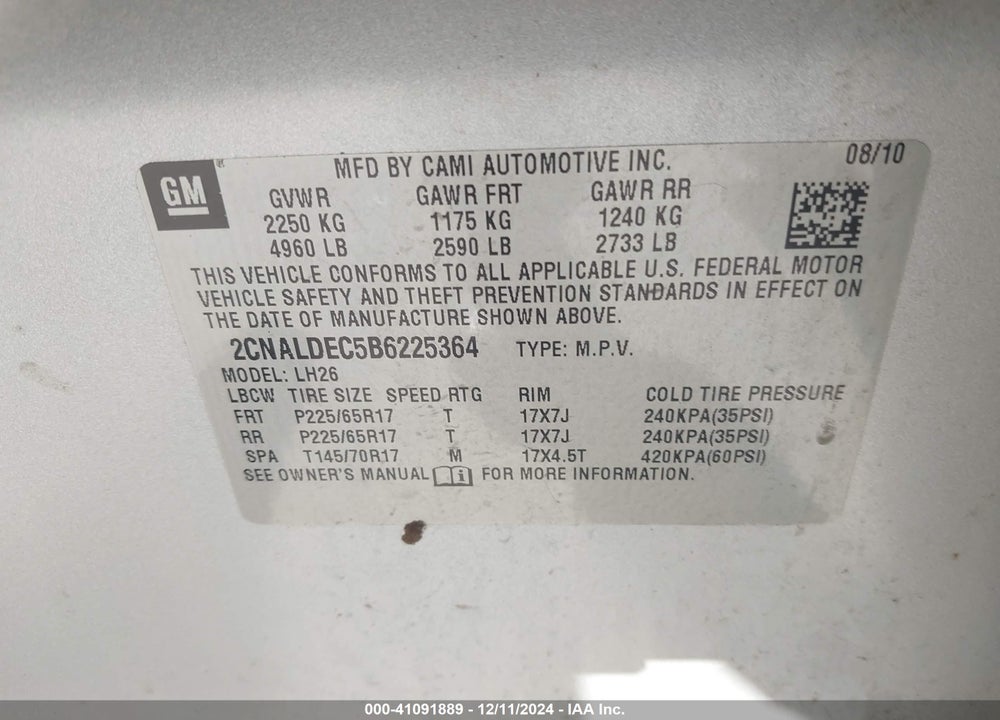 2011 CHEVROLET EQUINOX 1LT VIN: 2CNALDEC5B6225364