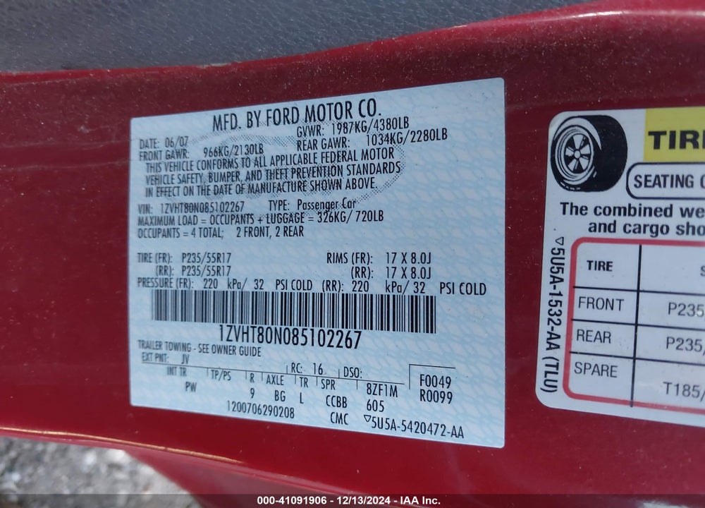 2008 FORD MUSTANG VIN: 1ZVHT80N085102267