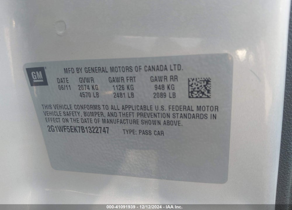 2011 CHEVROLET IMPALA LS VIN: 2G1WF5EK7B1322747