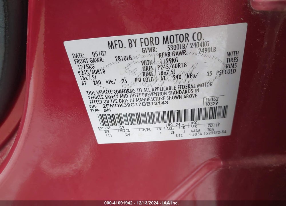 2007 FORD EDGE SEL PLUS VIN: 2FMDK39C17BB12143