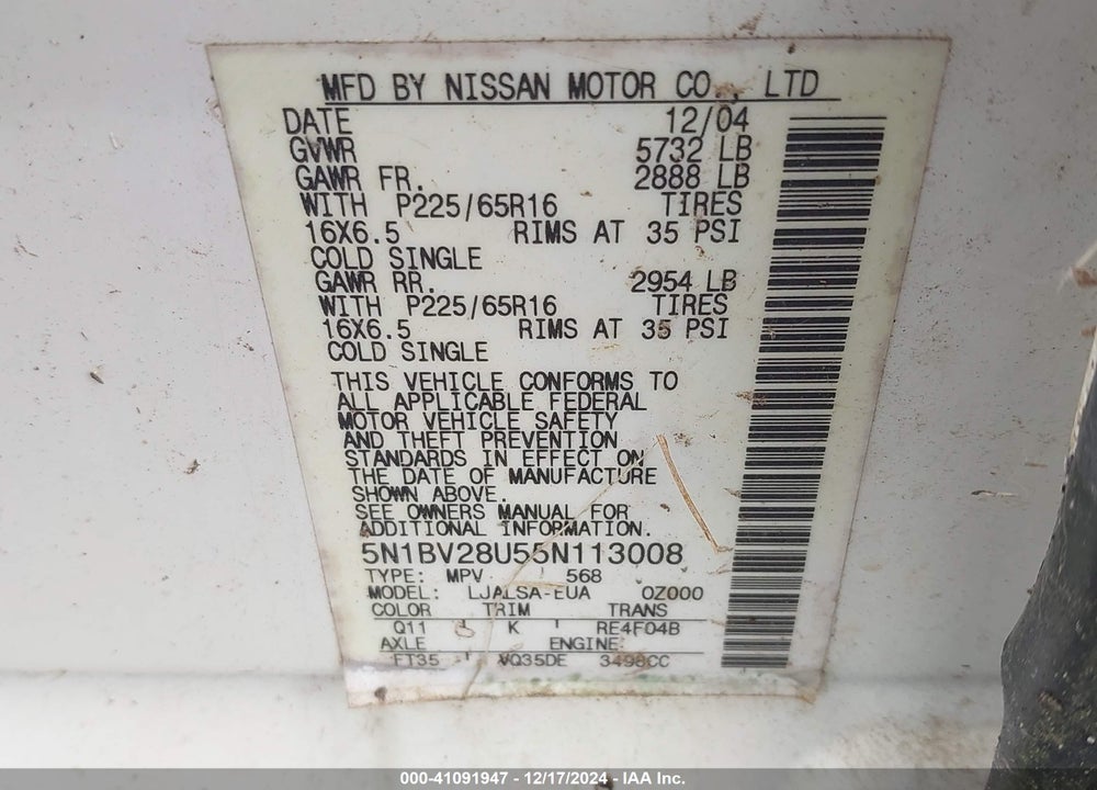 2005 NISSAN QUEST 3.5 VIN: 5N1BV28U55N113008