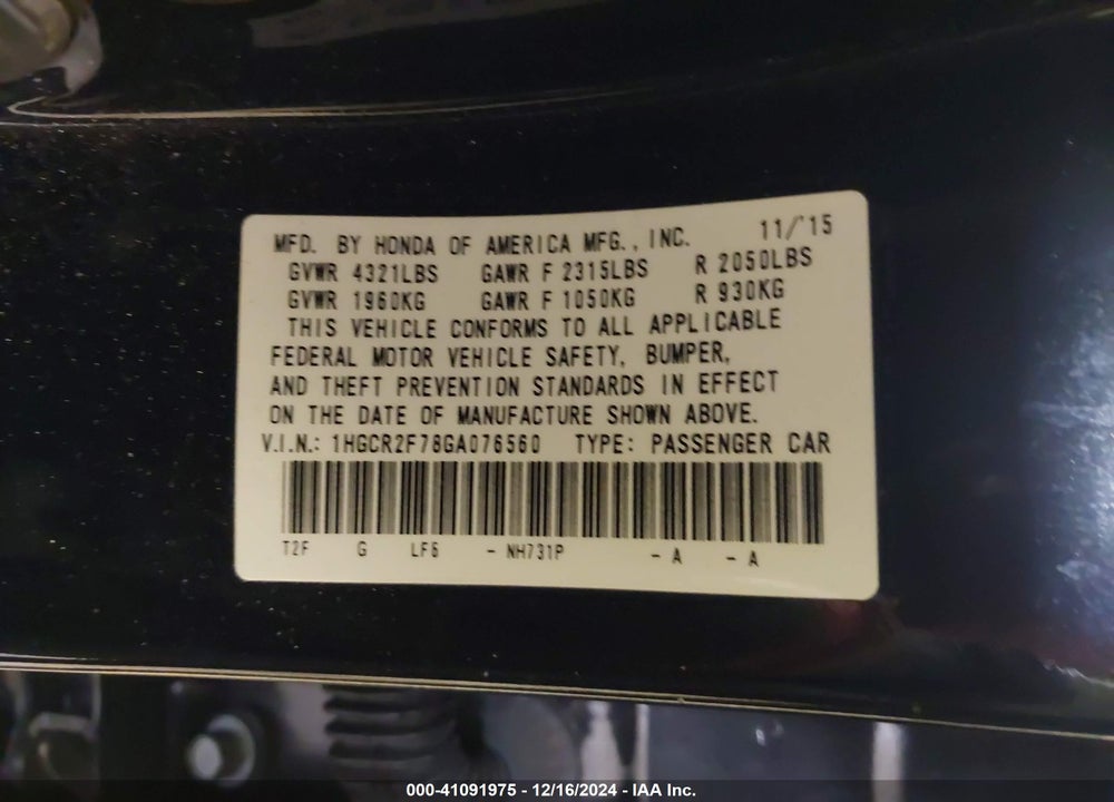 2016 HONDA ACCORD EX VIN: 1HGCR2F78GA076560