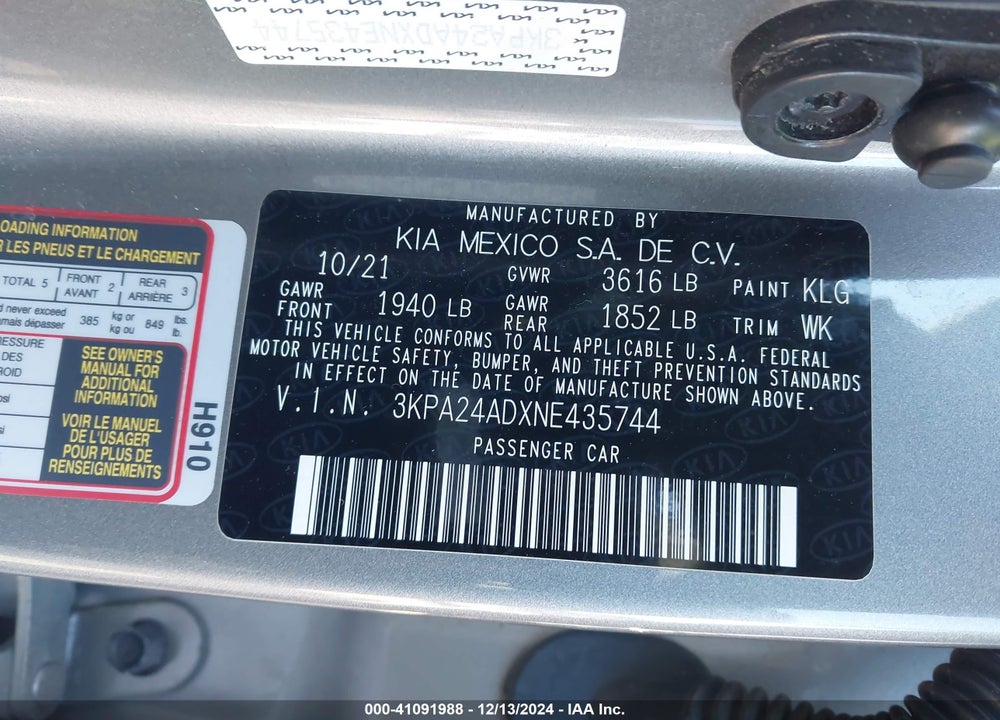 2022 KIA RIO VIN: 3KPA24ADXNE435744