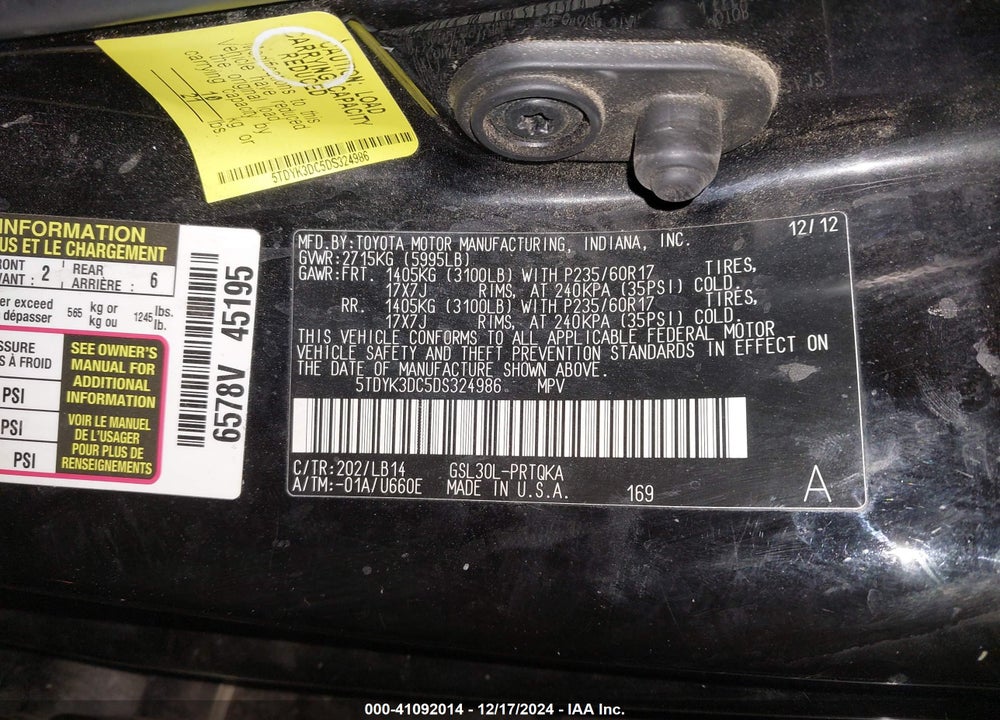 2013 TOYOTA SIENNA XLE LIMITED VIN: 5TDYK3DC5DS324986