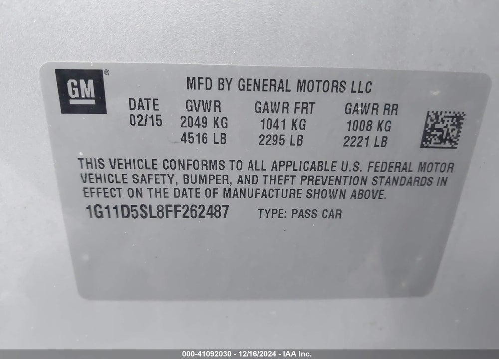 2015 CHEVROLET MALIBU VIN: 1G11D5SL8FF262487