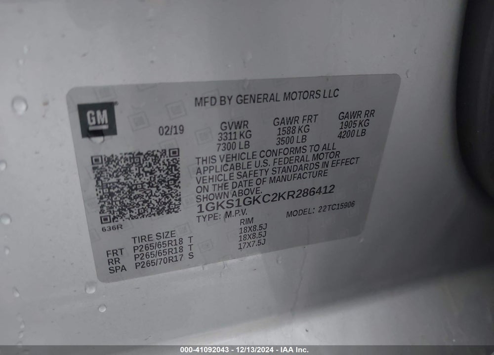 2019 GMC YUKON XL SLT VIN: 1GKS1GKC2KR286412