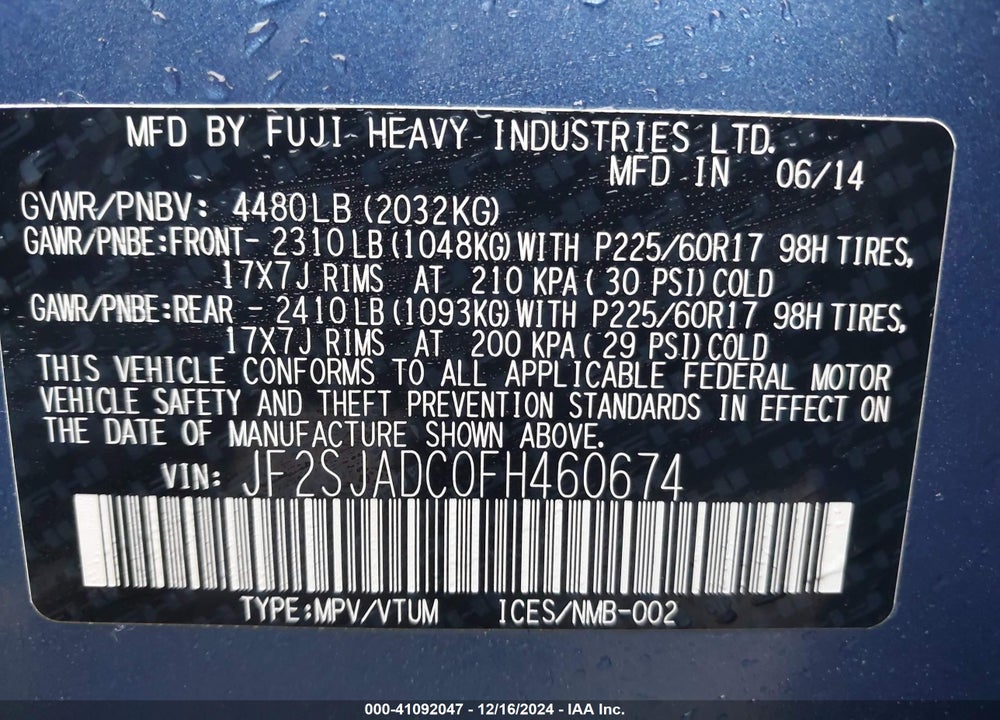 2015 SUBARU FORESTER 2.5I PREMIUM VIN: JF2SJADC0FH460674