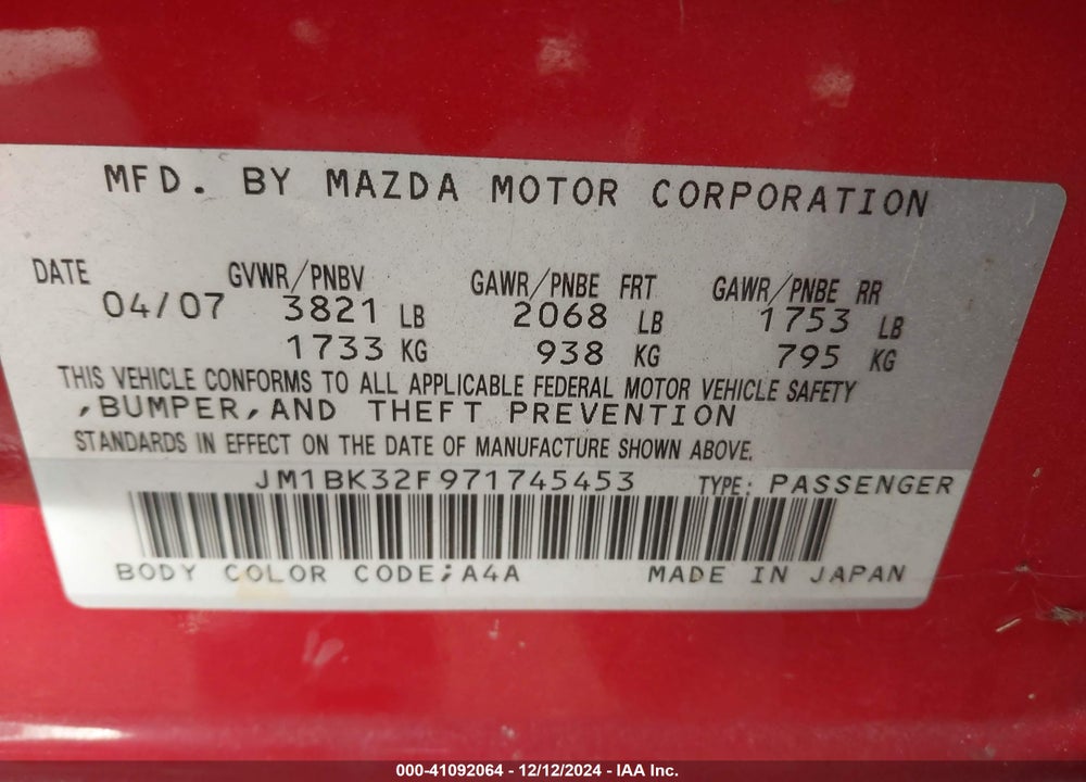 2007 MAZDA 3 I VIN: JM1BK32F971745453