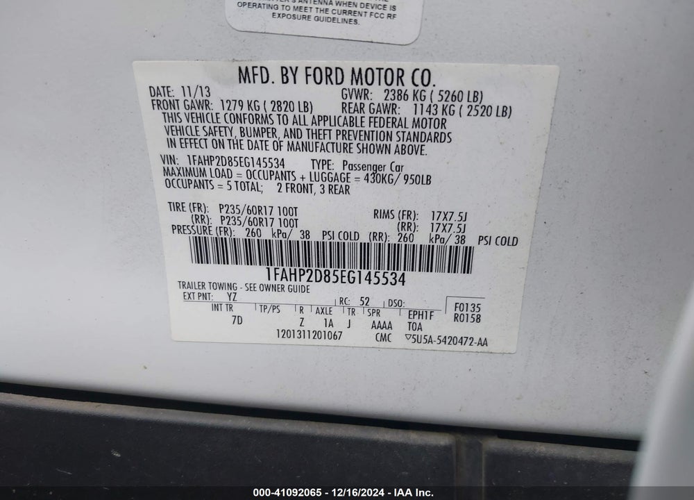 2014 FORD TAURUS VIN: 1FAHP2D85EG145534