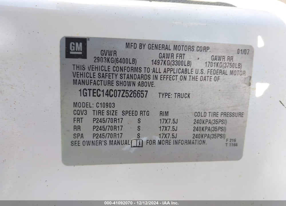 2007 GMC SIERRA 1500 WORK TRUCK VIN: 1GTEC14C07Z526657