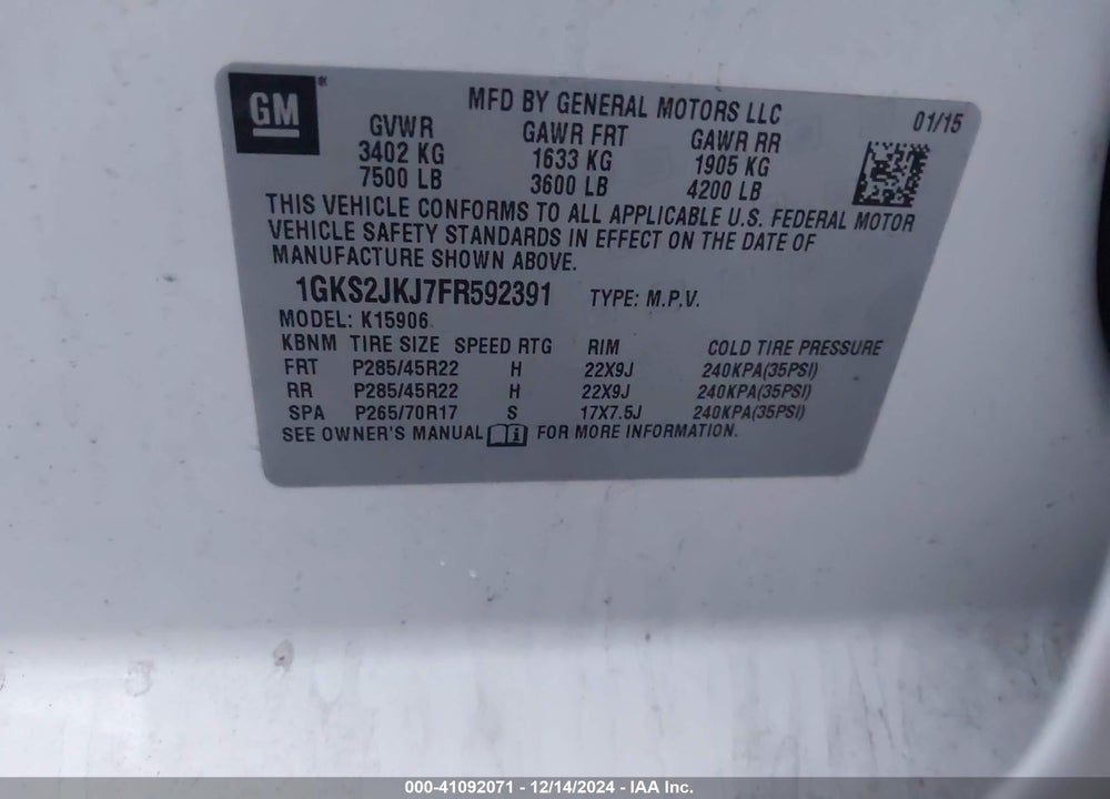 2015 GMC YUKON XL 1500 DENALI VIN: 1GKS2JKJ7FR592391